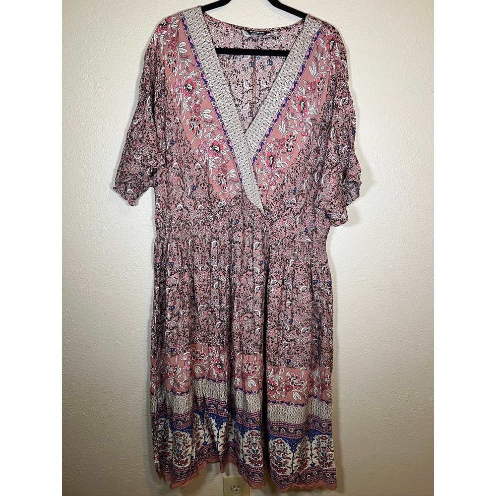 BloomChic Floral Smocked Midi Dress 22-24 Pink Boho Romantic Flowy Feminine